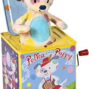 Schylling Polka Puppy Jack in the Box - Classic Children's Musical Toy that Dances - Colorful Embossed Tin Box and Lovable Puppy Plush - Age 18 months and Up